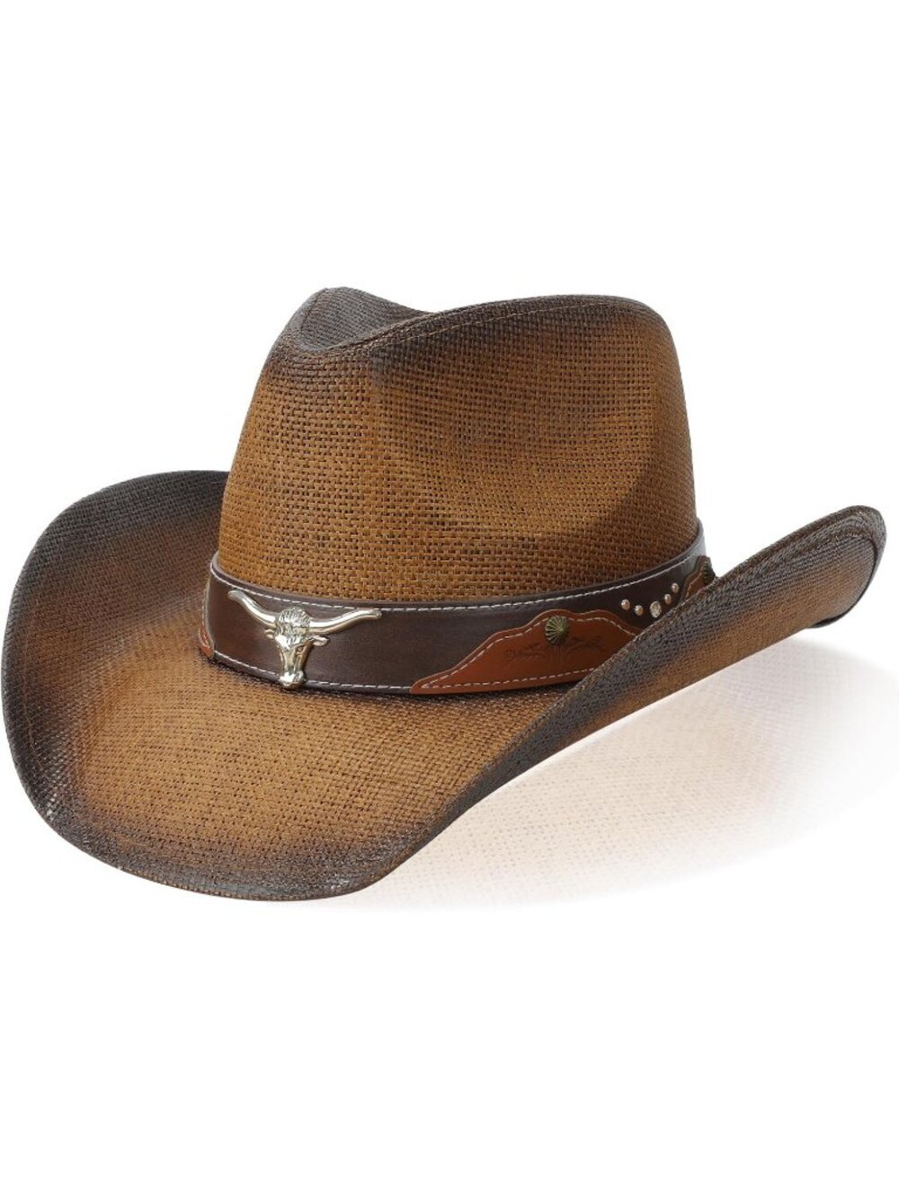 Unisex Caramel Shapeable Distressed Longhorn Bull Band Western Straw Cowboy Hat